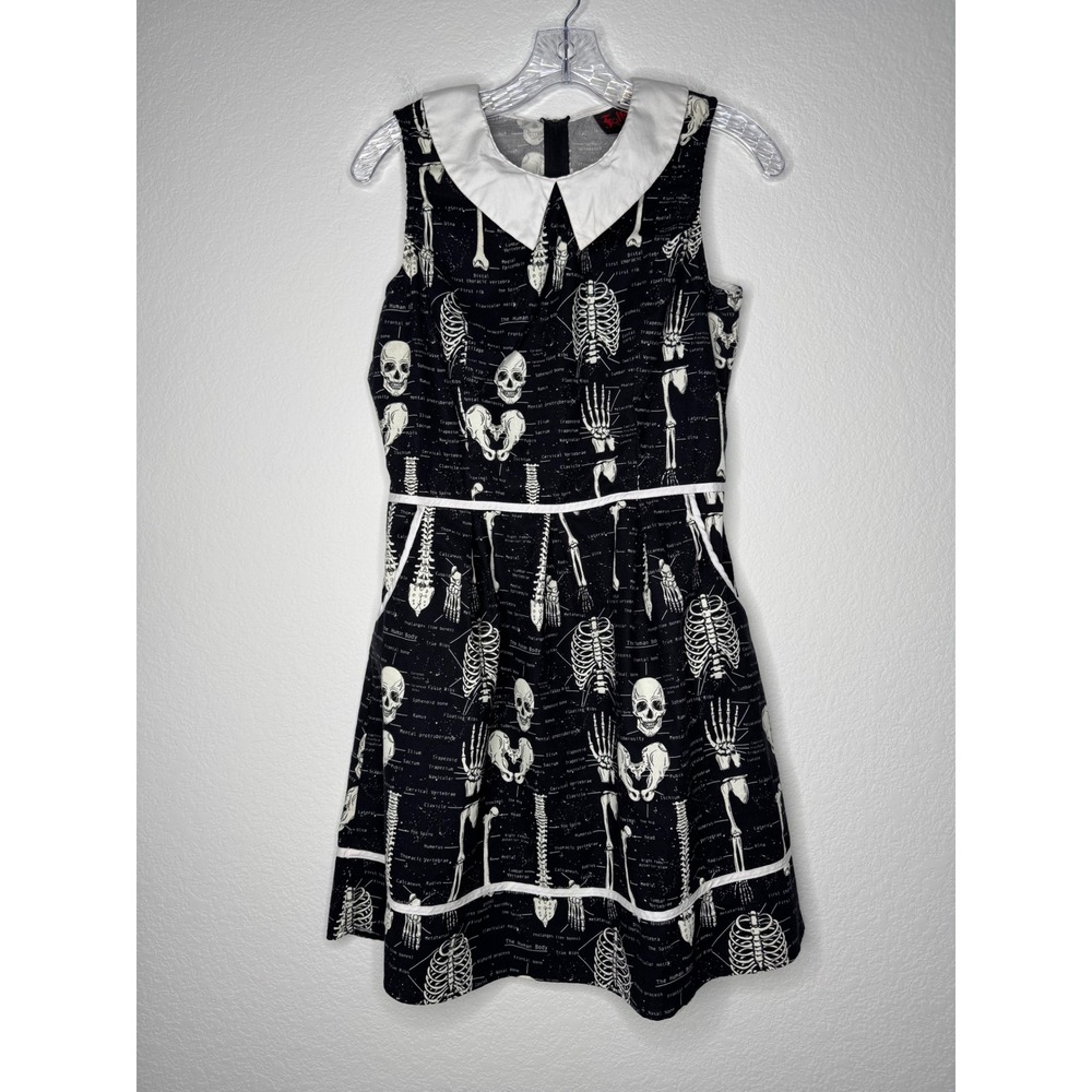 Folter Clothing Black‎ Skeleton Anatomical Print Dress Peter Pan Collar Size L